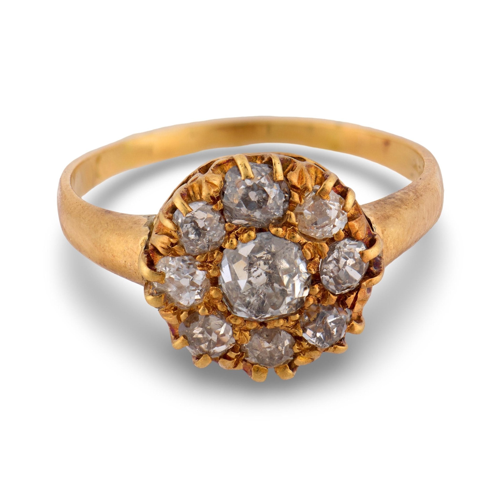 Victorian old mine cut diamond 18k gold cluster ring