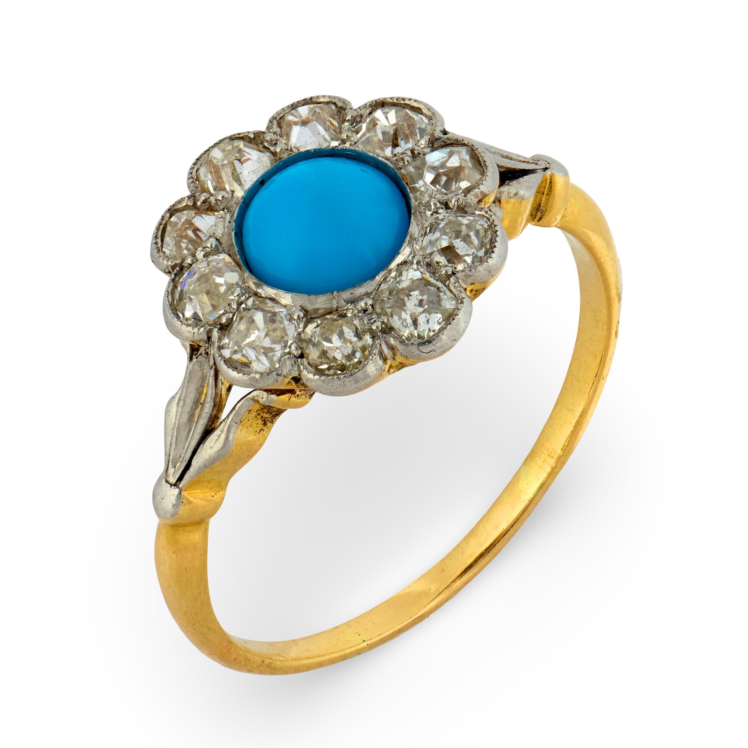 Edwardian turquoise diamond 18k yellow gold cluster ring