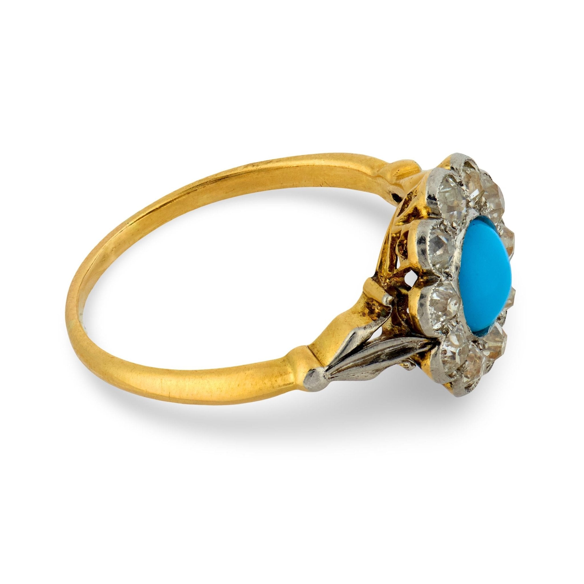 Edwardian turquoise diamond 18k yellow gold cluster ring