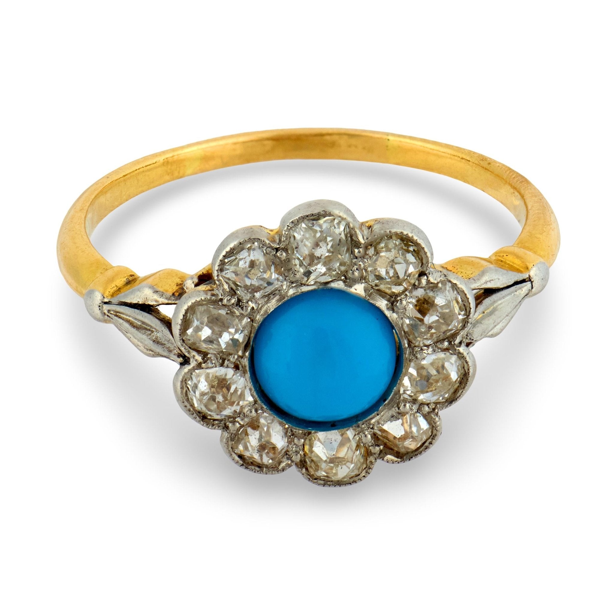 Edwardian turquoise diamond 18k yellow gold cluster ring