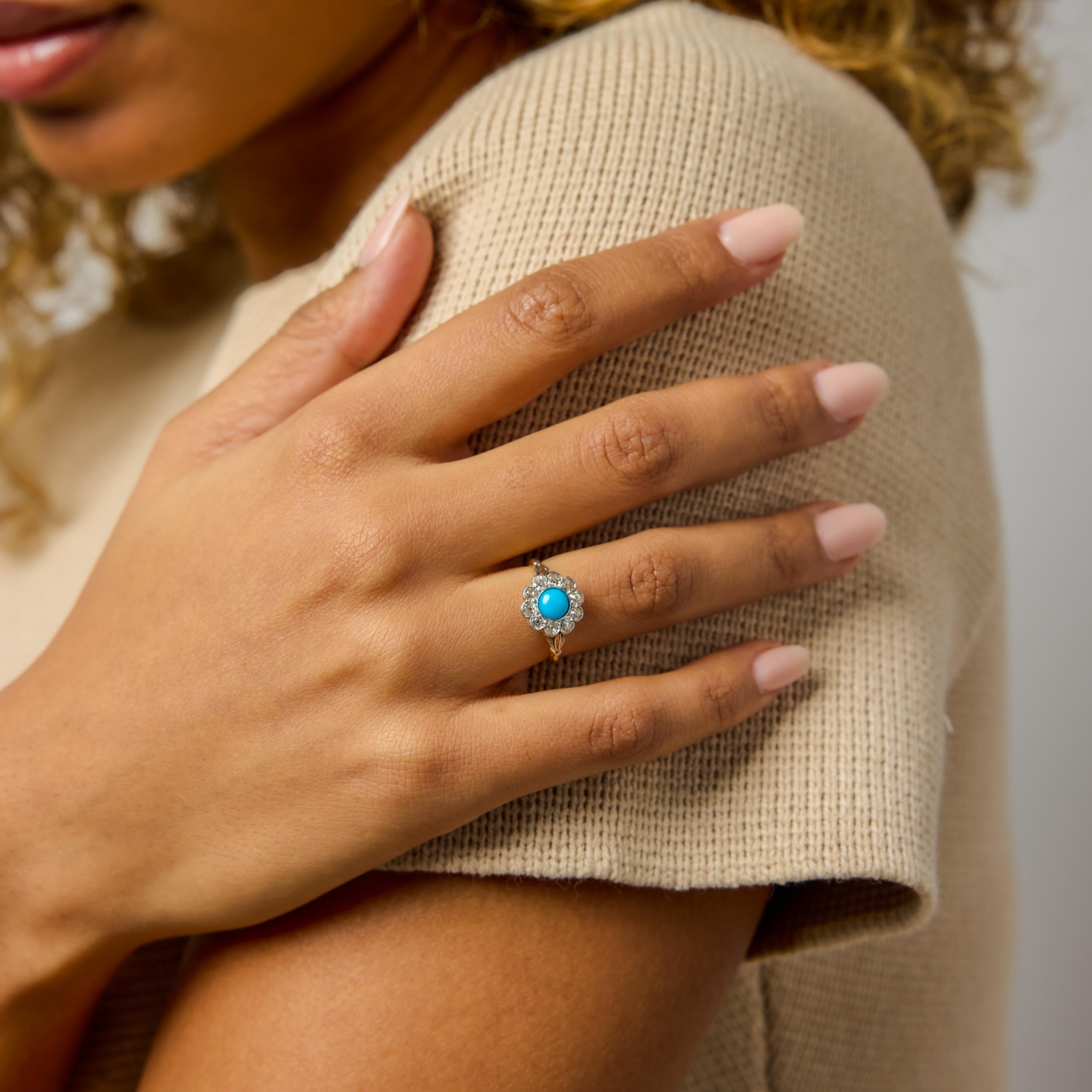 Edwardian turquoise diamond 18k yellow gold cluster ring