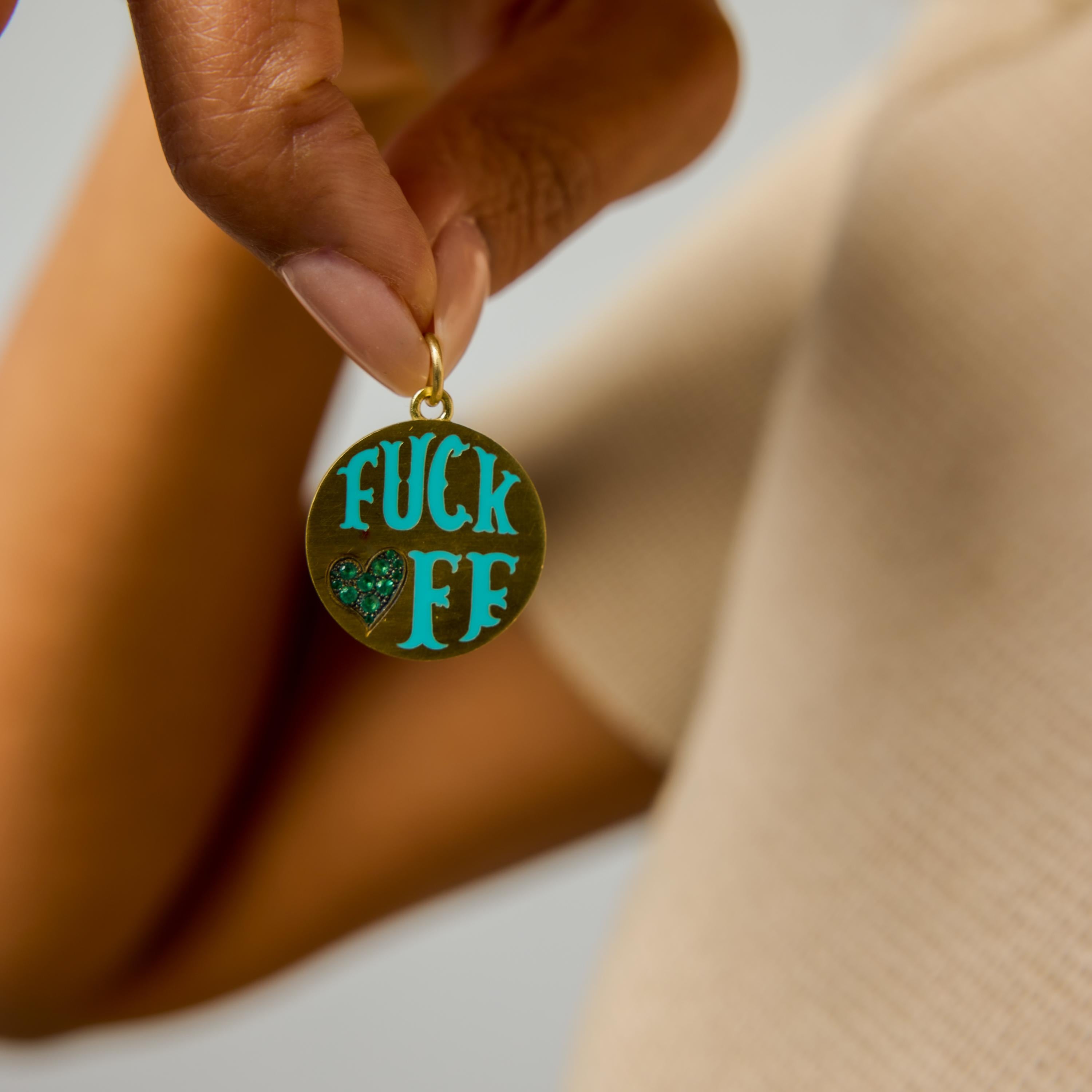 Circa 1700 enamel emerald 18k yellow gold f**k off pendant