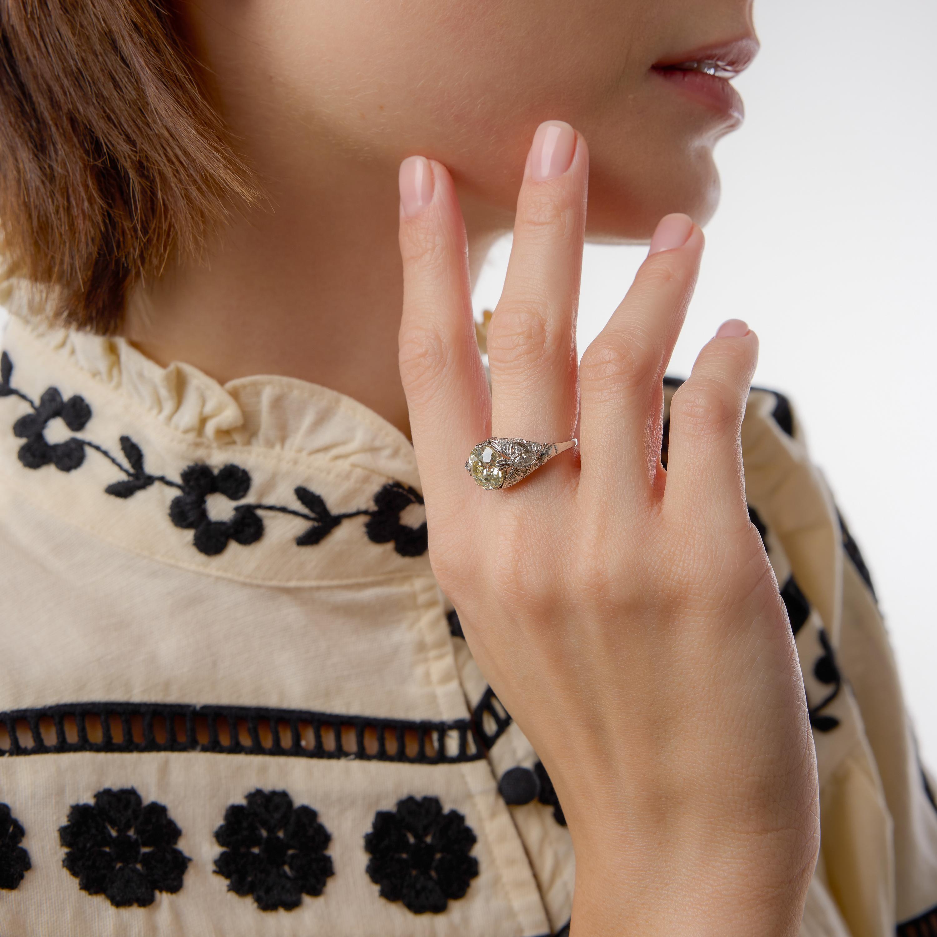 Art Deco GIA 3.09 carat old European cut diamond platinum engagement ring