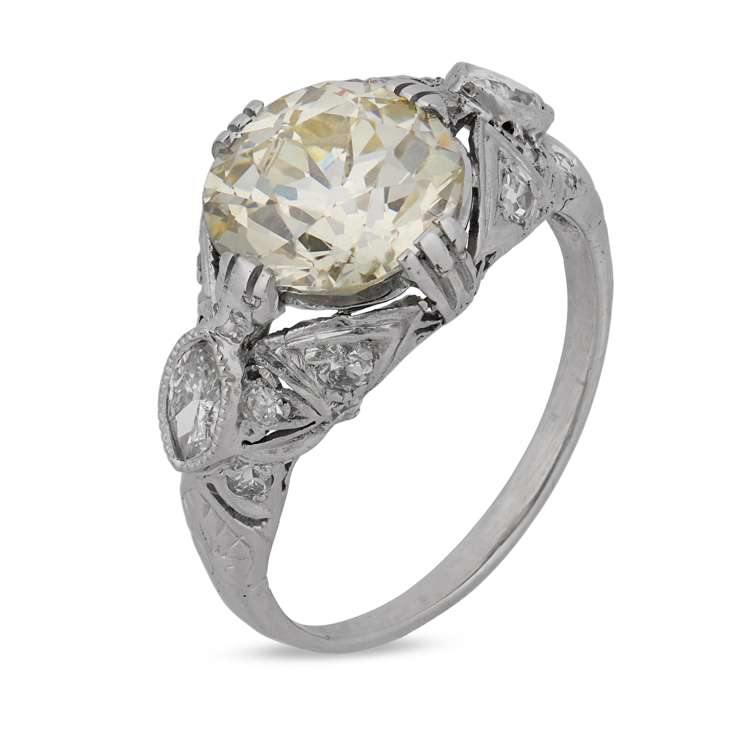 Art Deco GIA 3.09 carat old European cut diamond platinum engagement ring