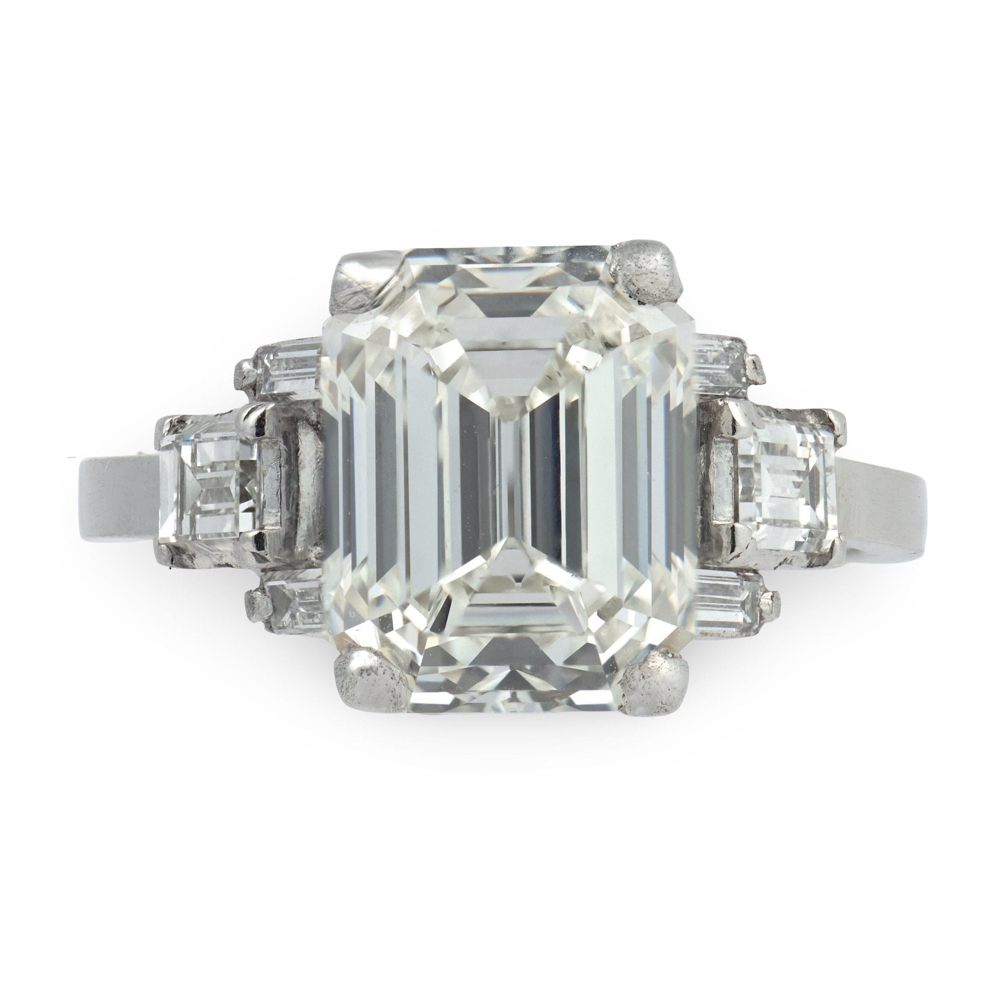 Art Deco GIA 4.33 carat emerald cut diamond platinum engagement ring