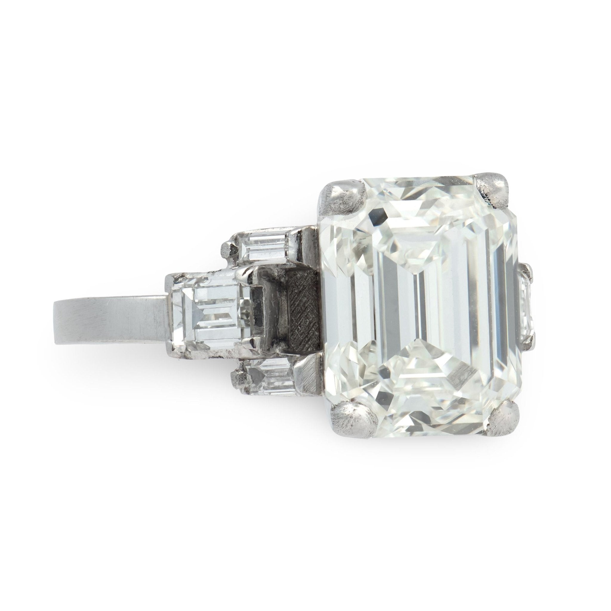 Art Deco GIA 4.33 carat emerald cut diamond platinum engagement ring