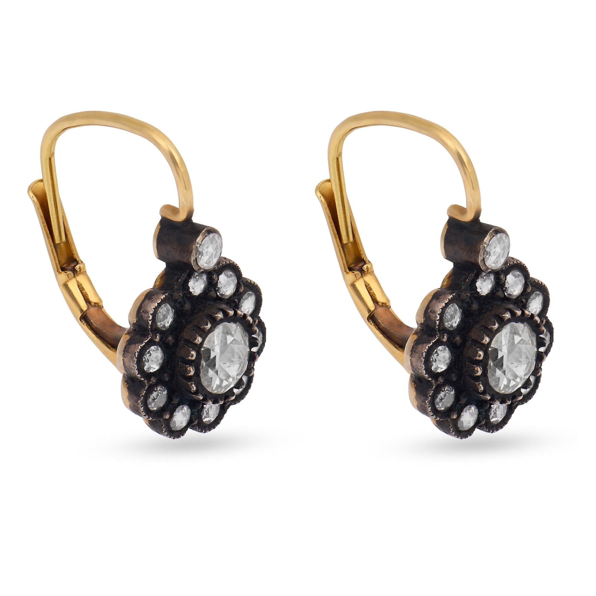 Victorian style rose cut diamond 18k yellow gold cluster earrings