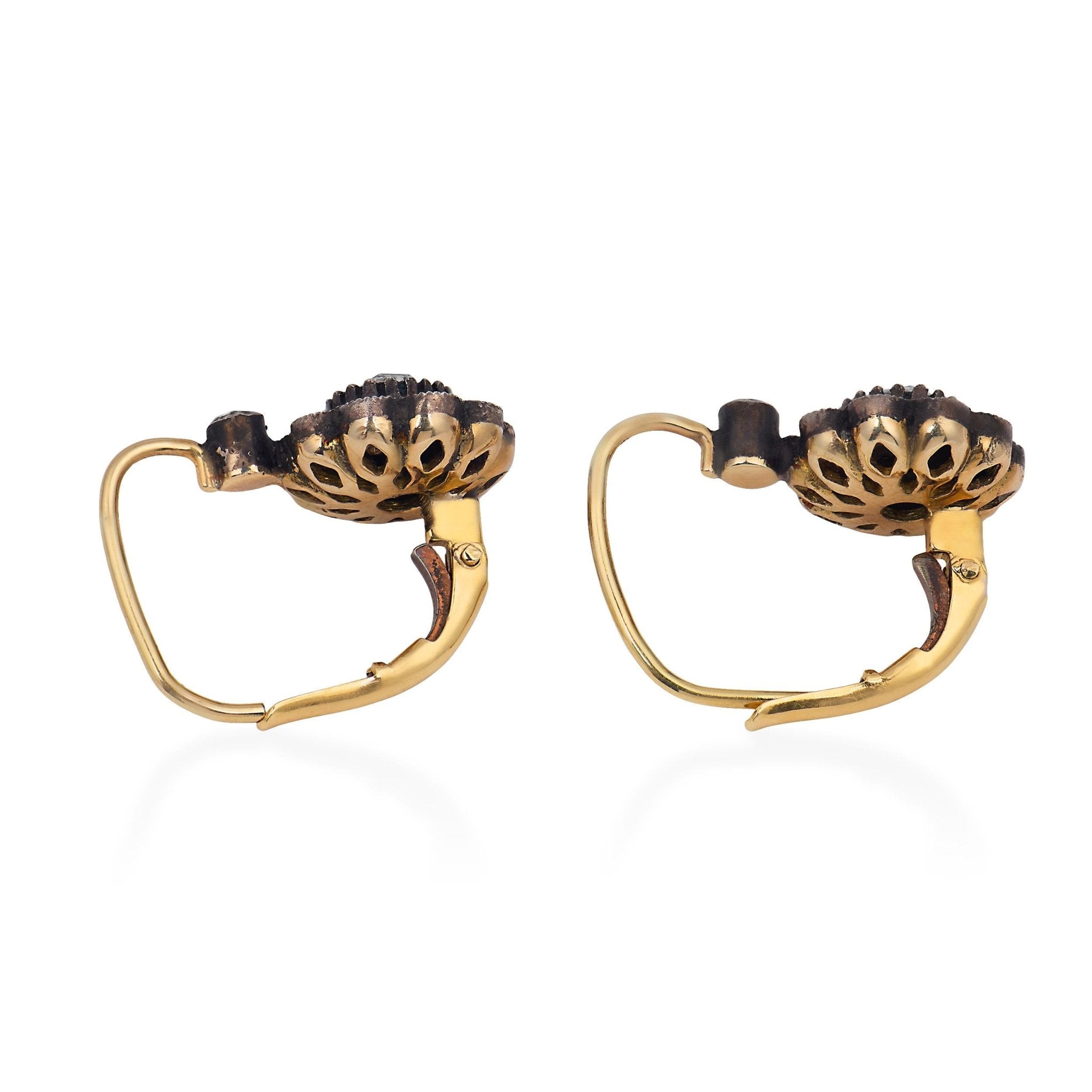Victorian style rose cut diamond 18k yellow gold cluster earrings