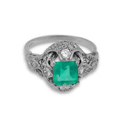 Art Deco 1.50 carat emerald diamond platinum ring