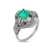 Art Deco 1.50 carat emerald diamond platinum ring