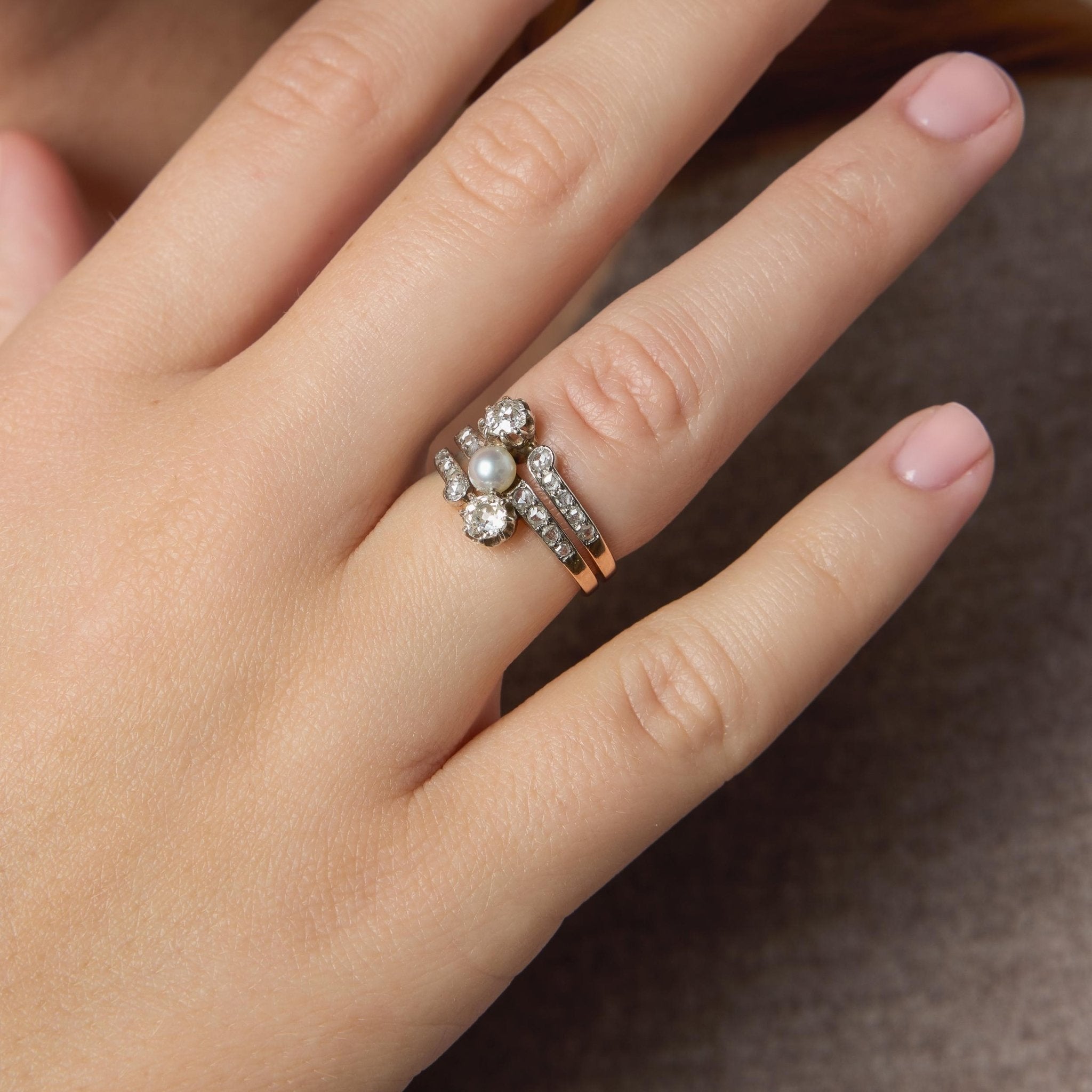 Belle Époque French  pearl diamond 18k yellow gold silver Toi Et Moi ring