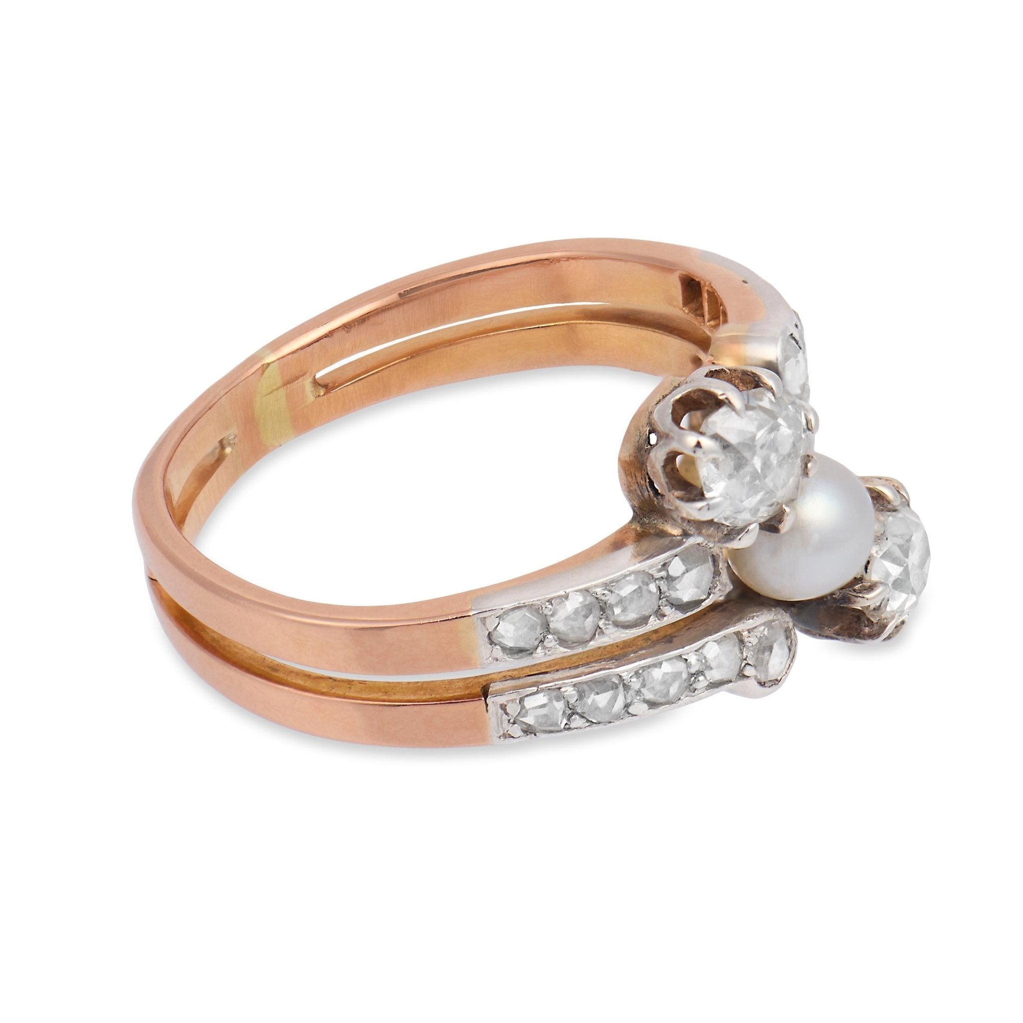Belle Époque French  pearl diamond 18k yellow gold silver Toi Et Moi ring