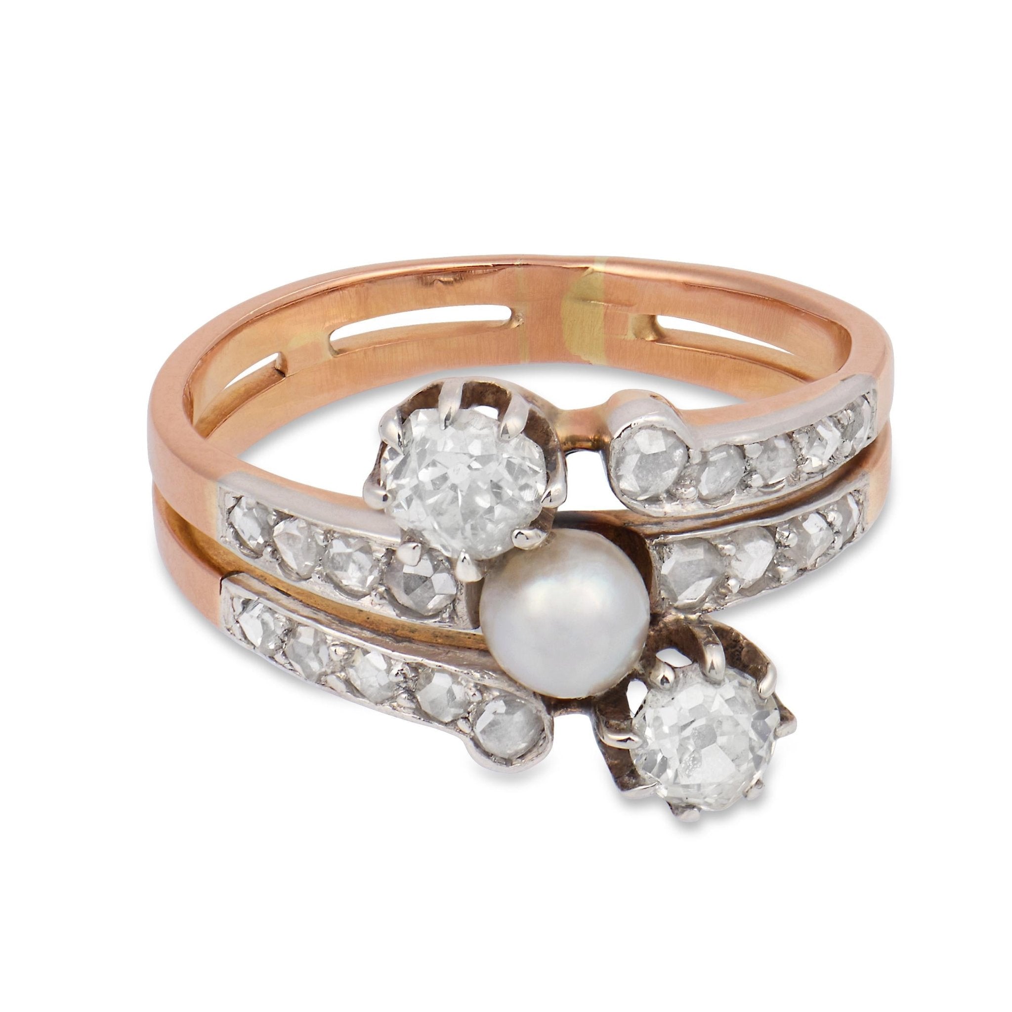Belle Époque French  pearl diamond 18k yellow gold silver Toi Et Moi ring