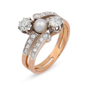 Belle Époque French  pearl diamond 18k yellow gold silver Toi Et Moi ring