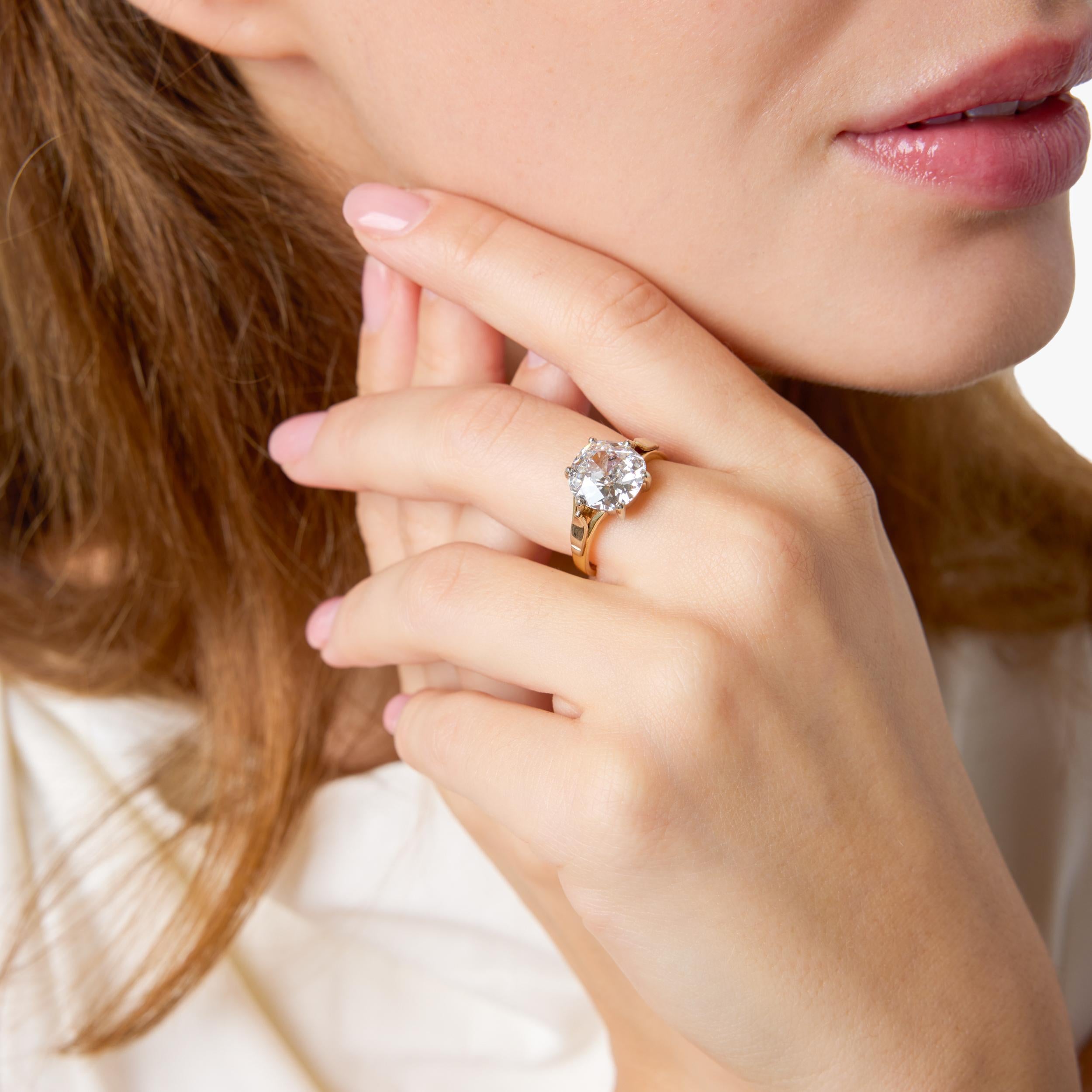 Vintage GIA 4.05 carat old mine cut diamond 14k yellow gold solitaire ring