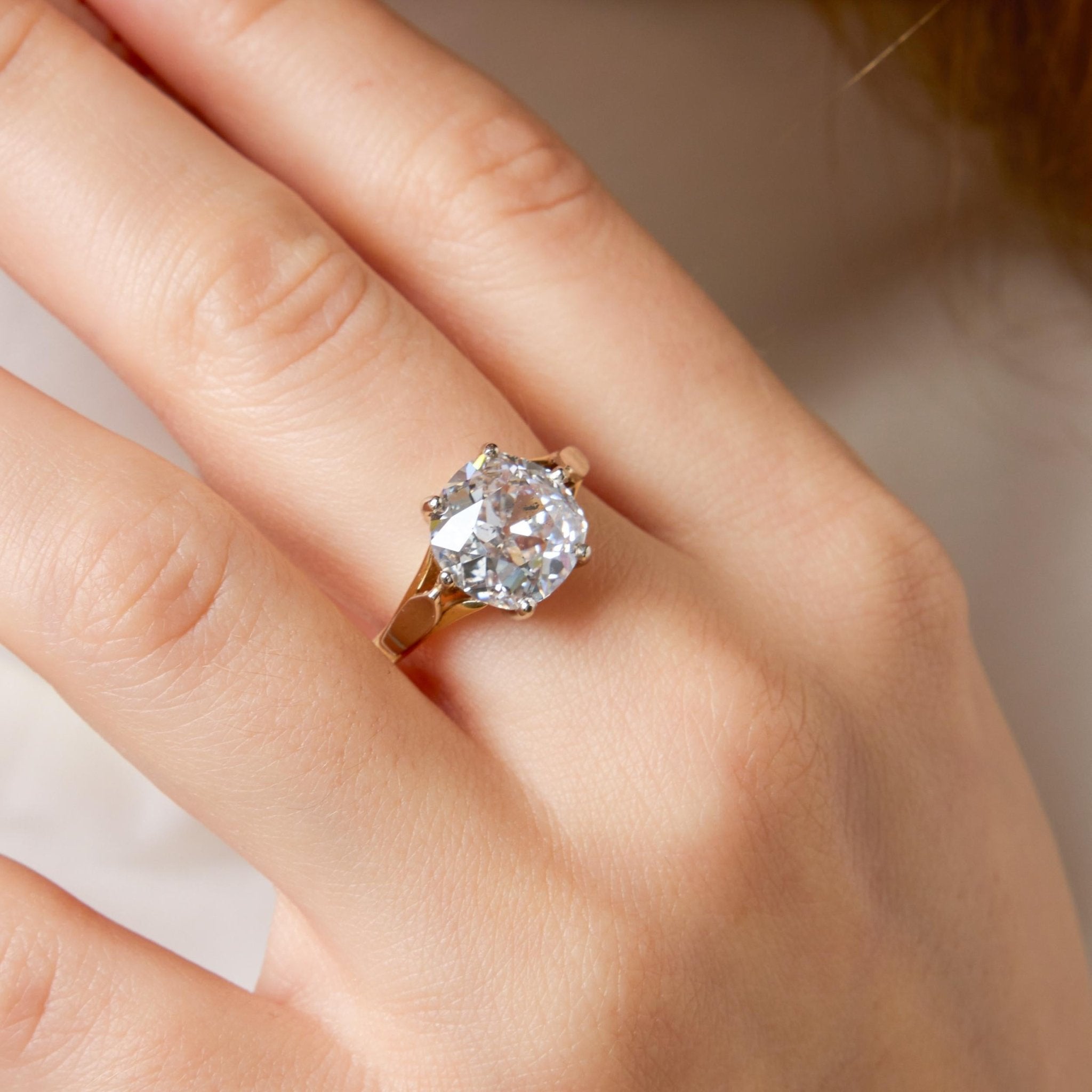 Vintage GIA 4.05 carat old mine cut diamond 14k yellow gold solitaire ring