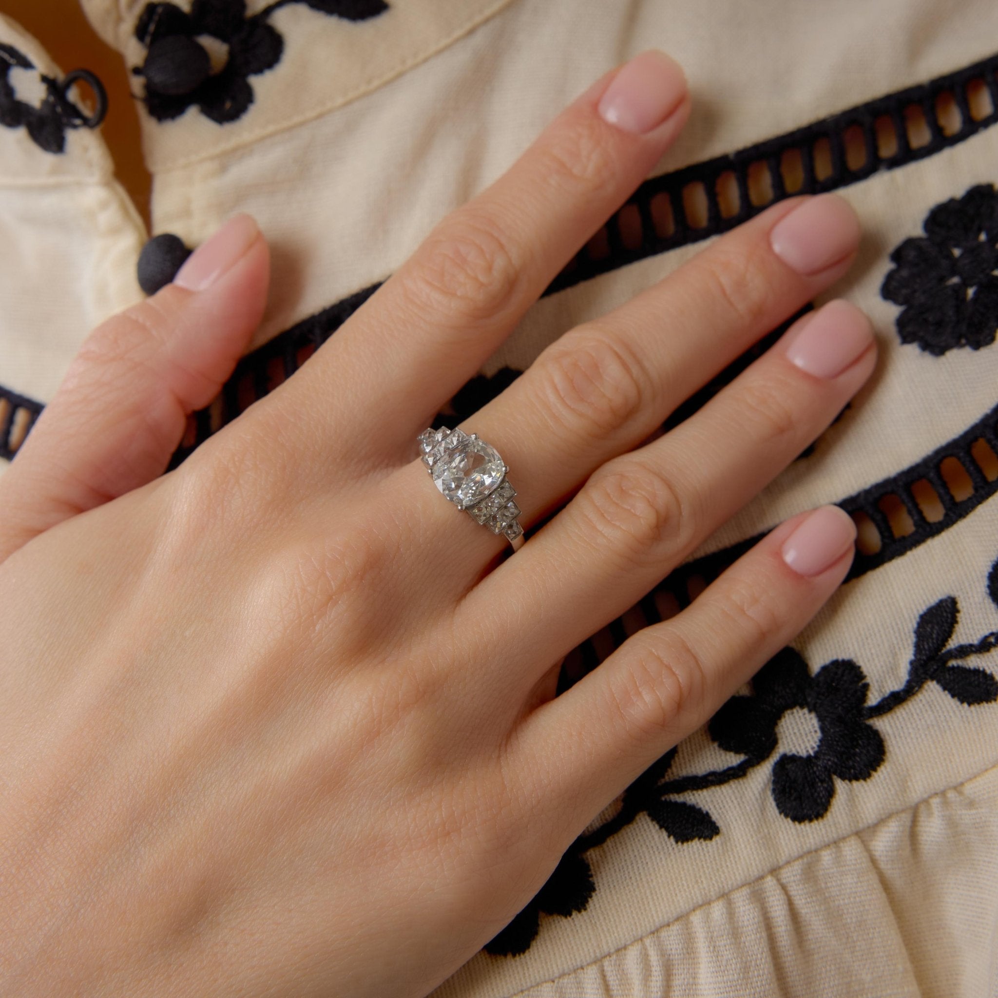 GIA 2.04 carat cushion and French cut diamond platinum engagement ring