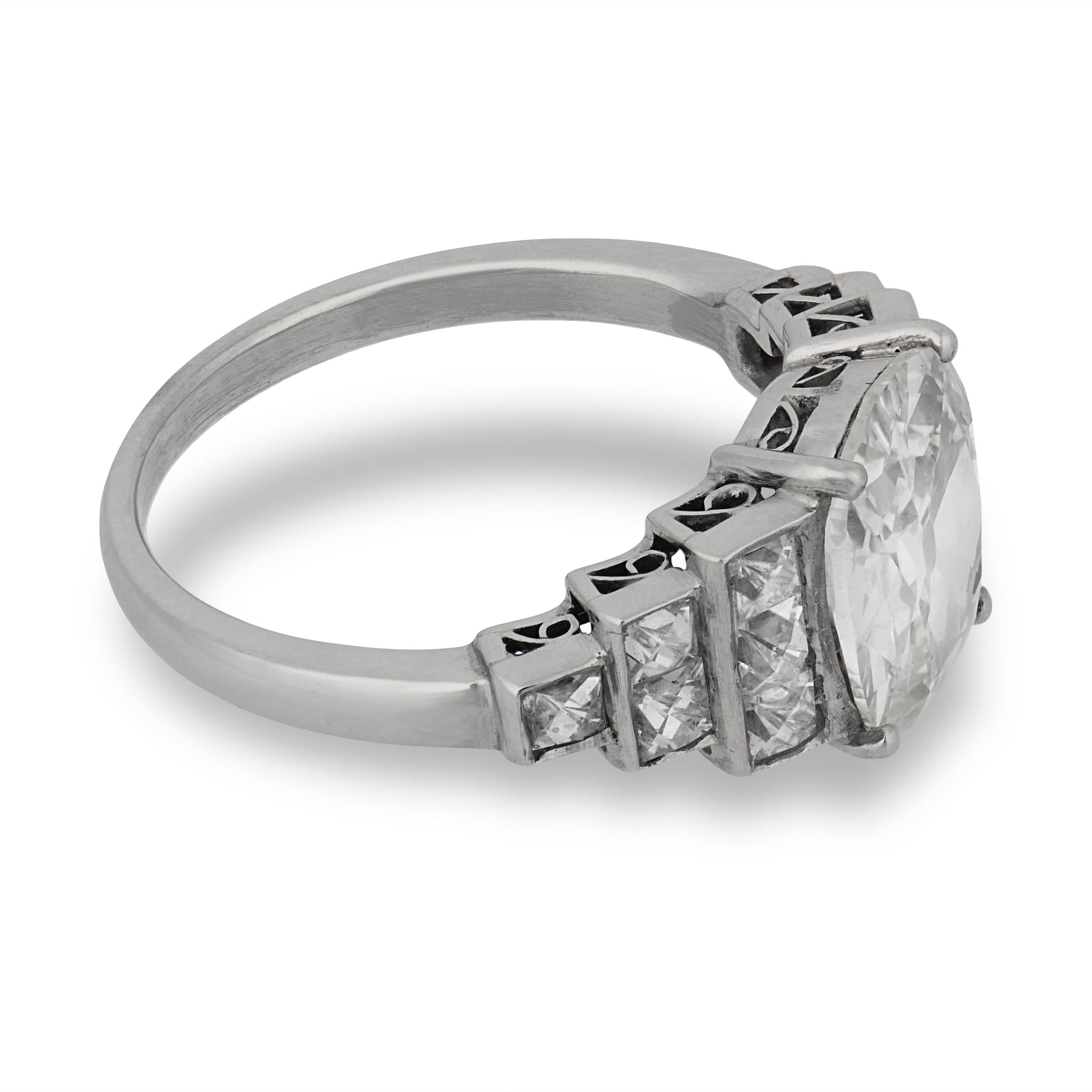 GIA 2.04 carat cushion and French cut diamond platinum engagement ring