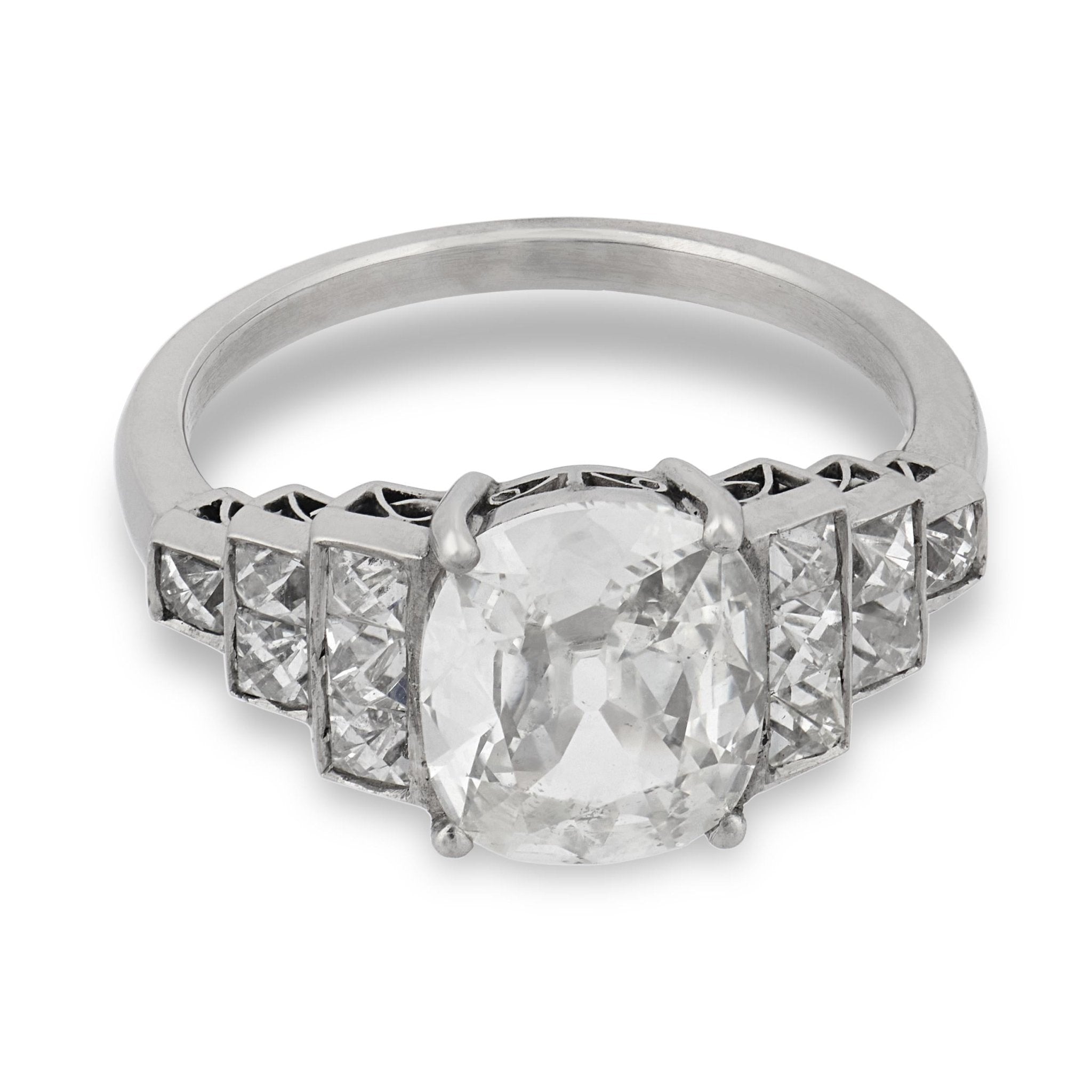 GIA 2.04 carat cushion and French cut diamond platinum engagement ring