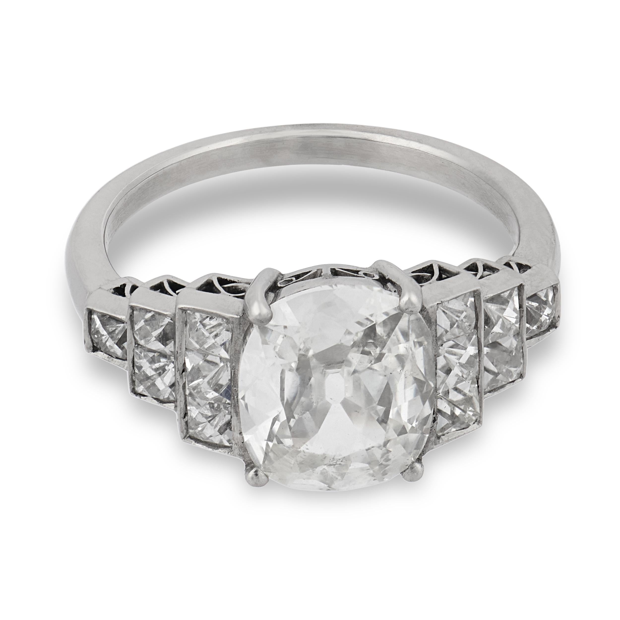 GIA 2.04 carat cushion and French cut diamond platinum engagement ring