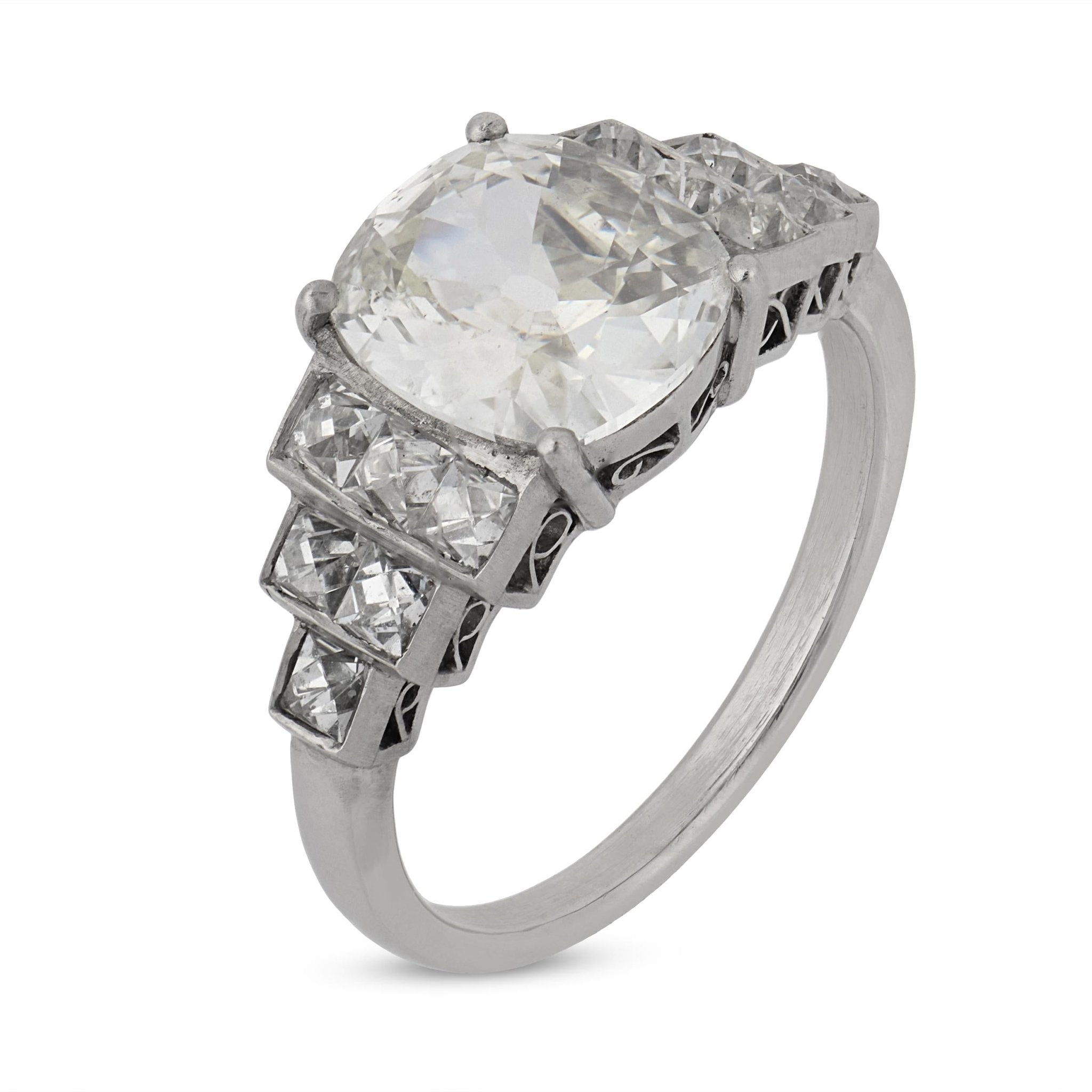 GIA 2.04 carat cushion and French cut diamond platinum engagement ring
