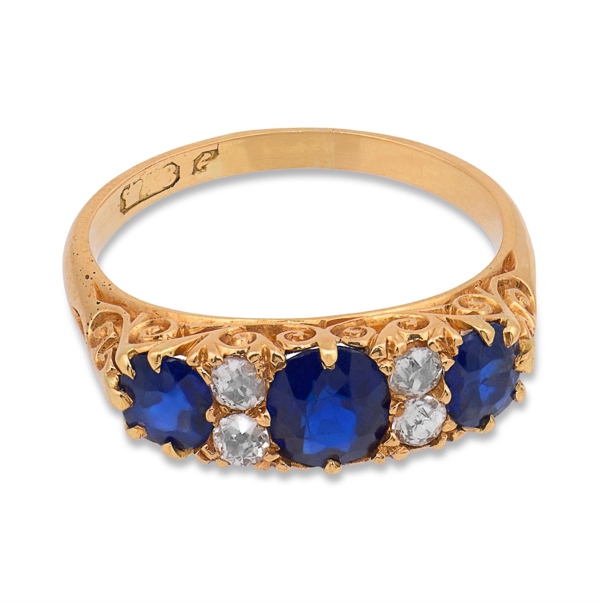 Victorian English GIA no heat sapphire diamond 18k yellow gold band ring
