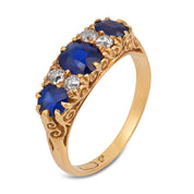 Victorian English GIA no heat sapphire diamond 18k yellow gold band ring