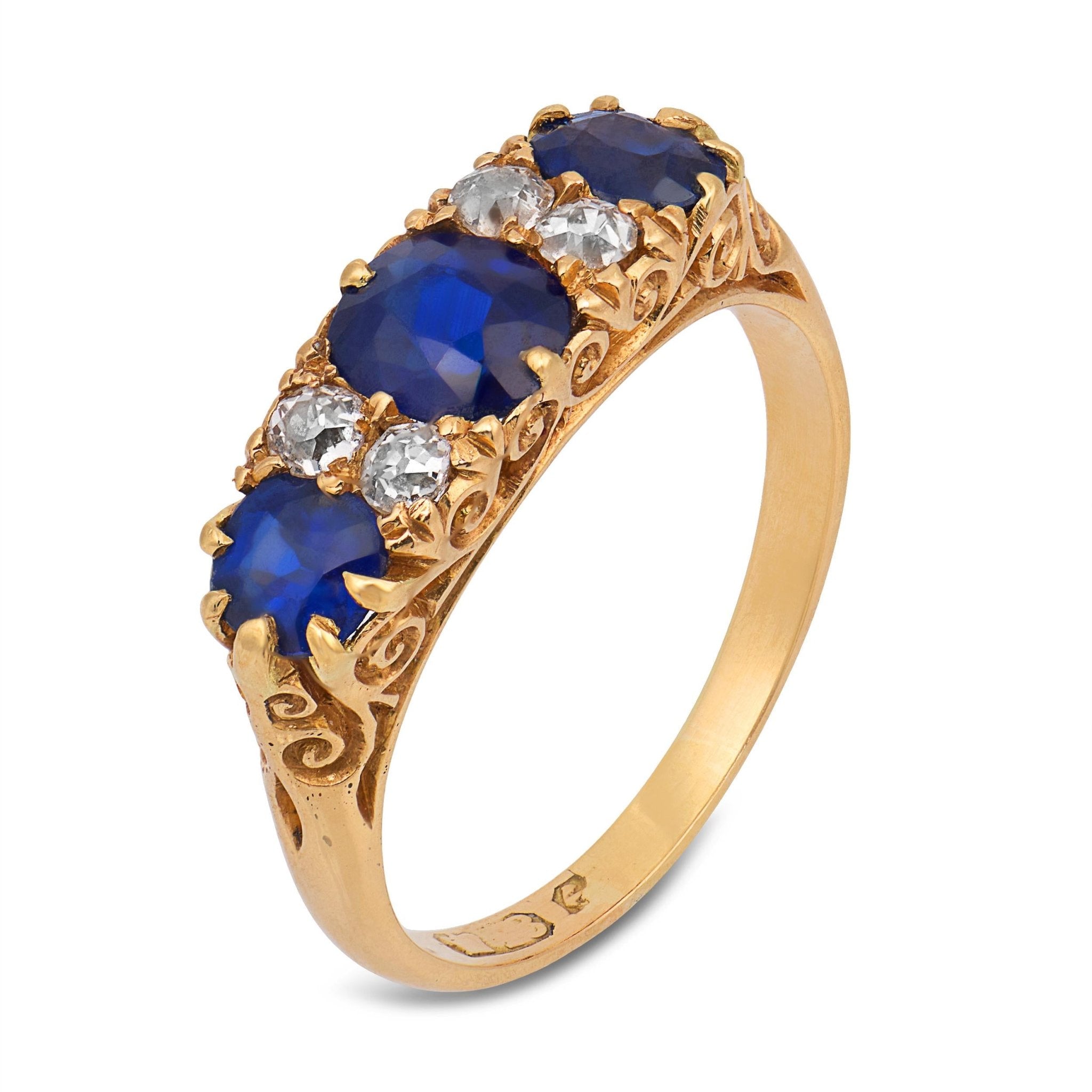 Victorian English GIA no heat sapphire diamond 18k yellow gold band ring