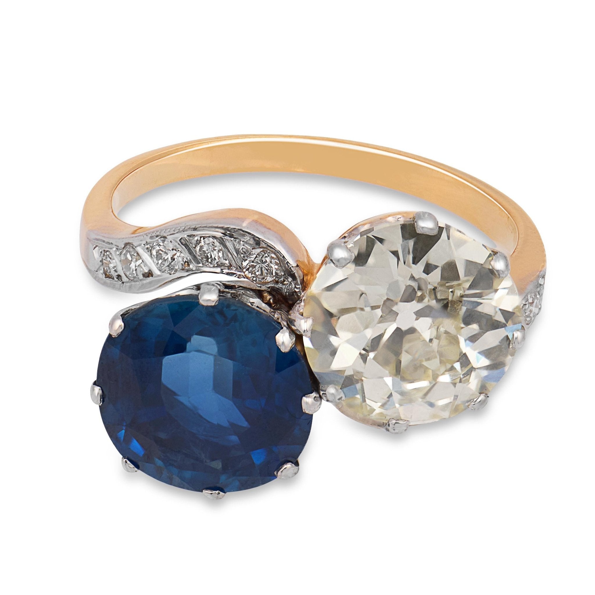 Belle Époque GIA 2.87 carat diamond GIA 3.93 carat sapphire Toi et Moi ring