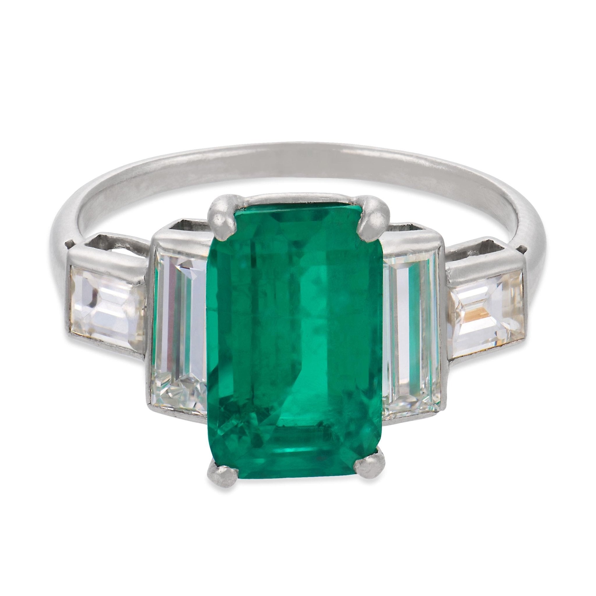 Art Deco AGL 2.65 carat Colombian emerald diamond platinum ring