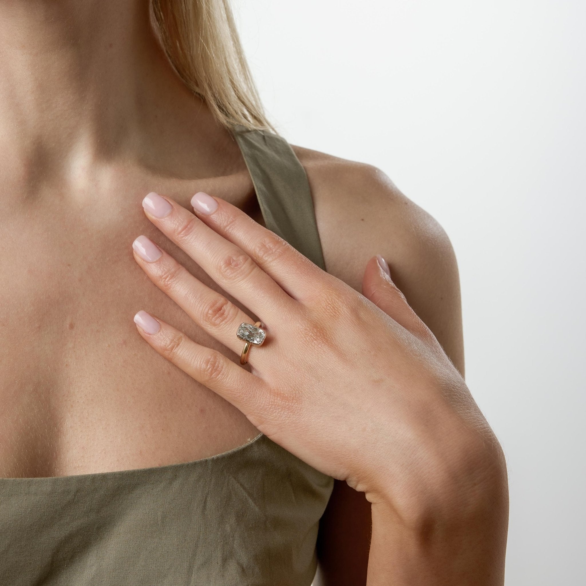 GIA 1.81 carat elongated old mine cut diamond 18k yellow gold engagement ring