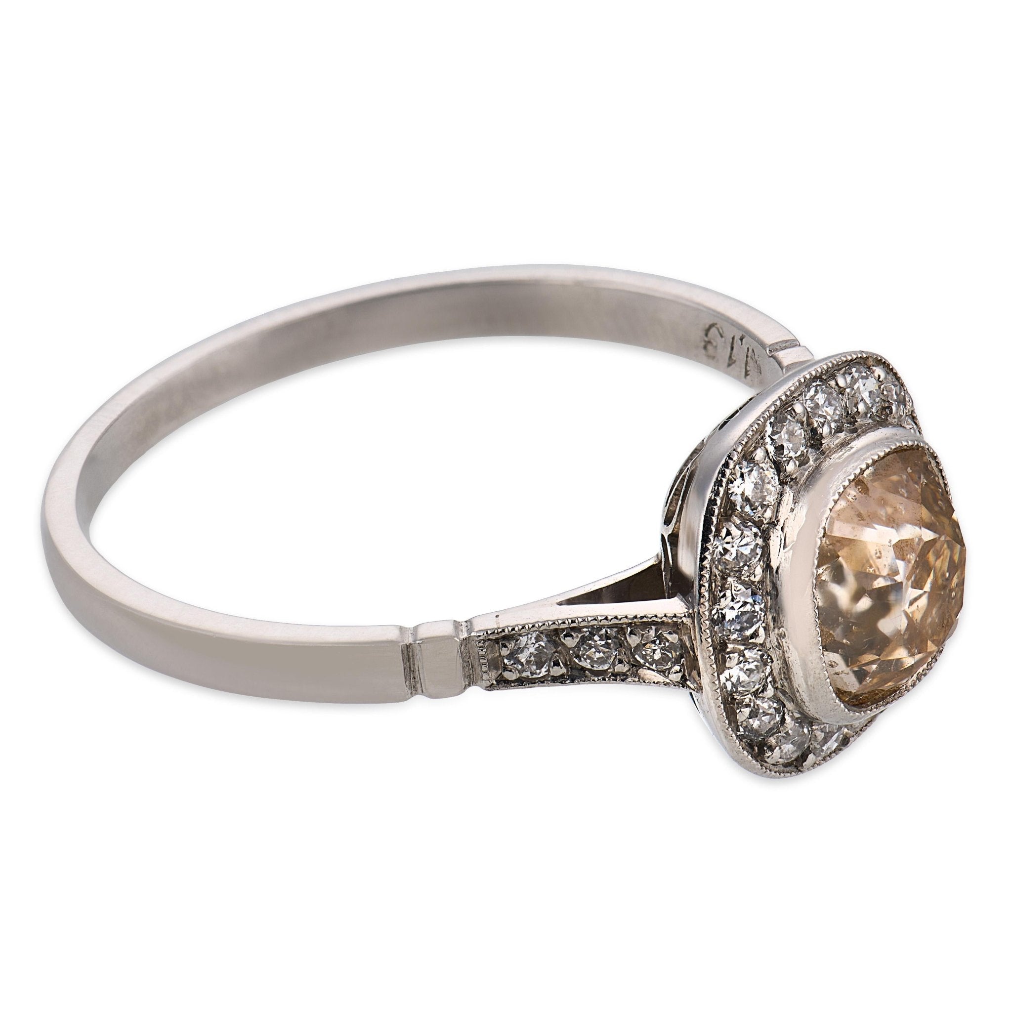 Art Deco style 1.13 carat old mine cut fancy color diamond platinum ring