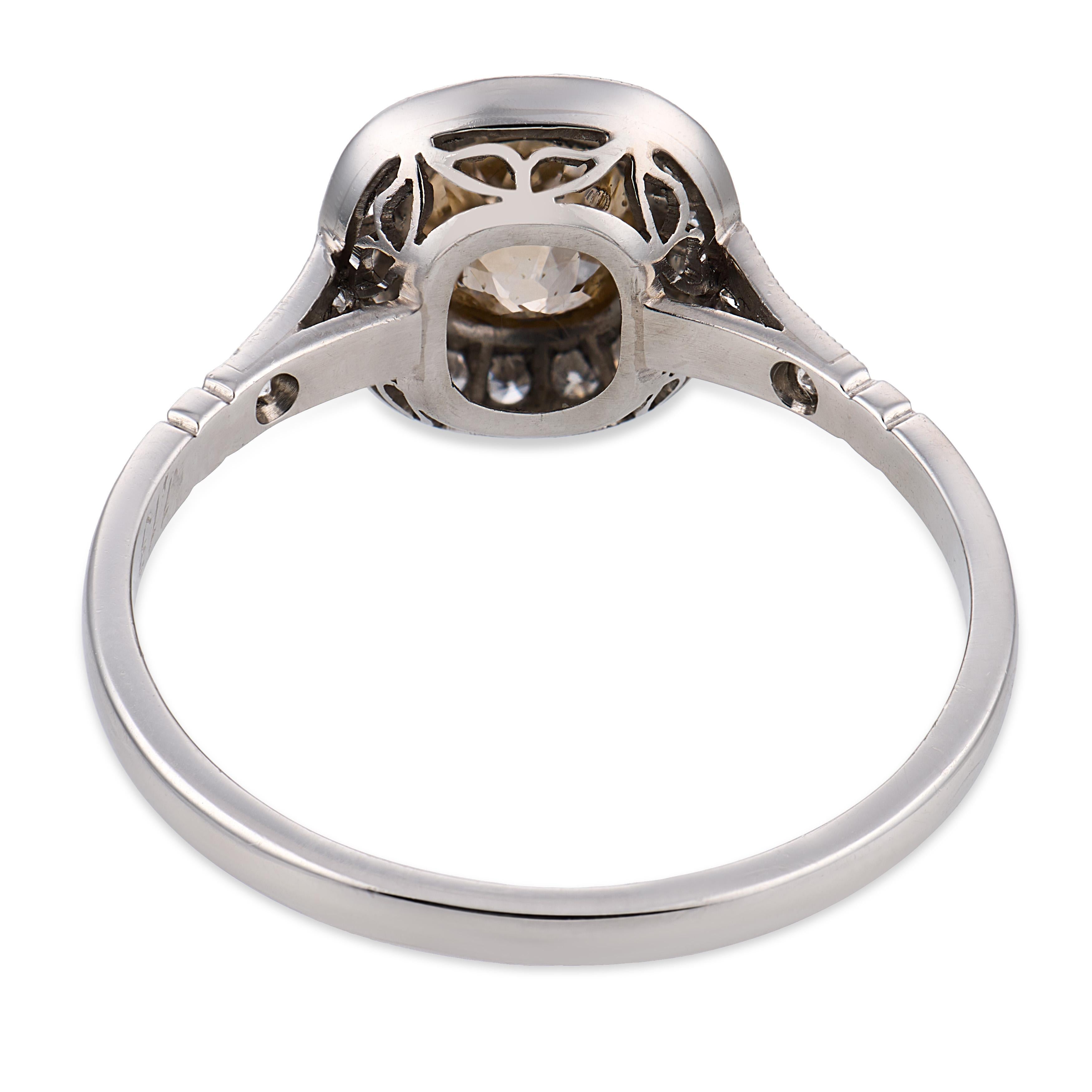 Art Deco style 1.13 carat old mine cut fancy color diamond platinum ring