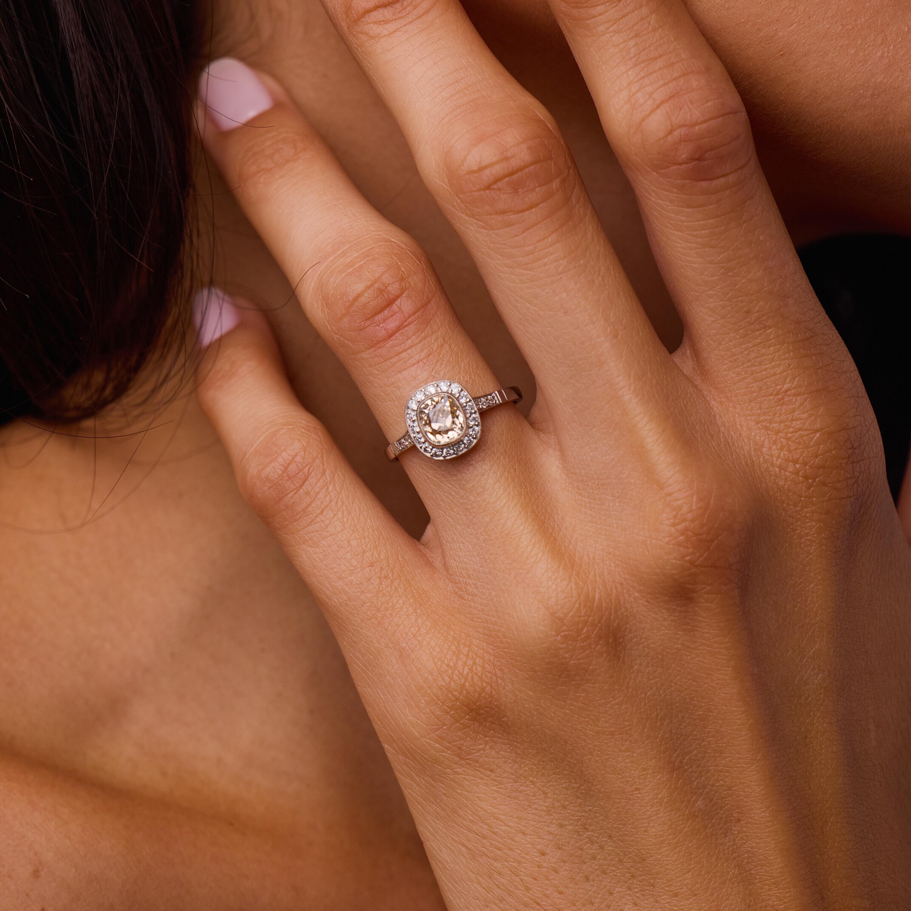 Art Deco style 1.13 carat old mine cut fancy color diamond platinum ring