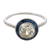 Art Deco style 1.26 carat old mine cut diamond sapphire platinum target ring