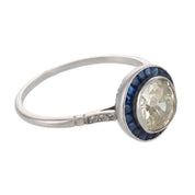 Art Deco style 1.26 carat old mine cut diamond sapphire platinum target ring
