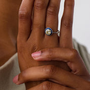 Art Deco style 1.26 carat old mine cut diamond sapphire platinum target ring