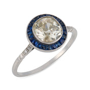 Art Deco style 1.26 carat old mine cut diamond sapphire platinum target ring