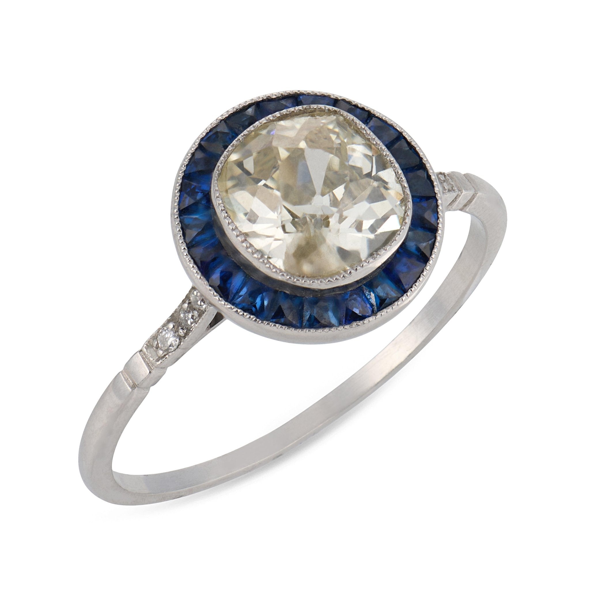 Art Deco style 1.26 carat old mine cut diamond sapphire platinum target ring