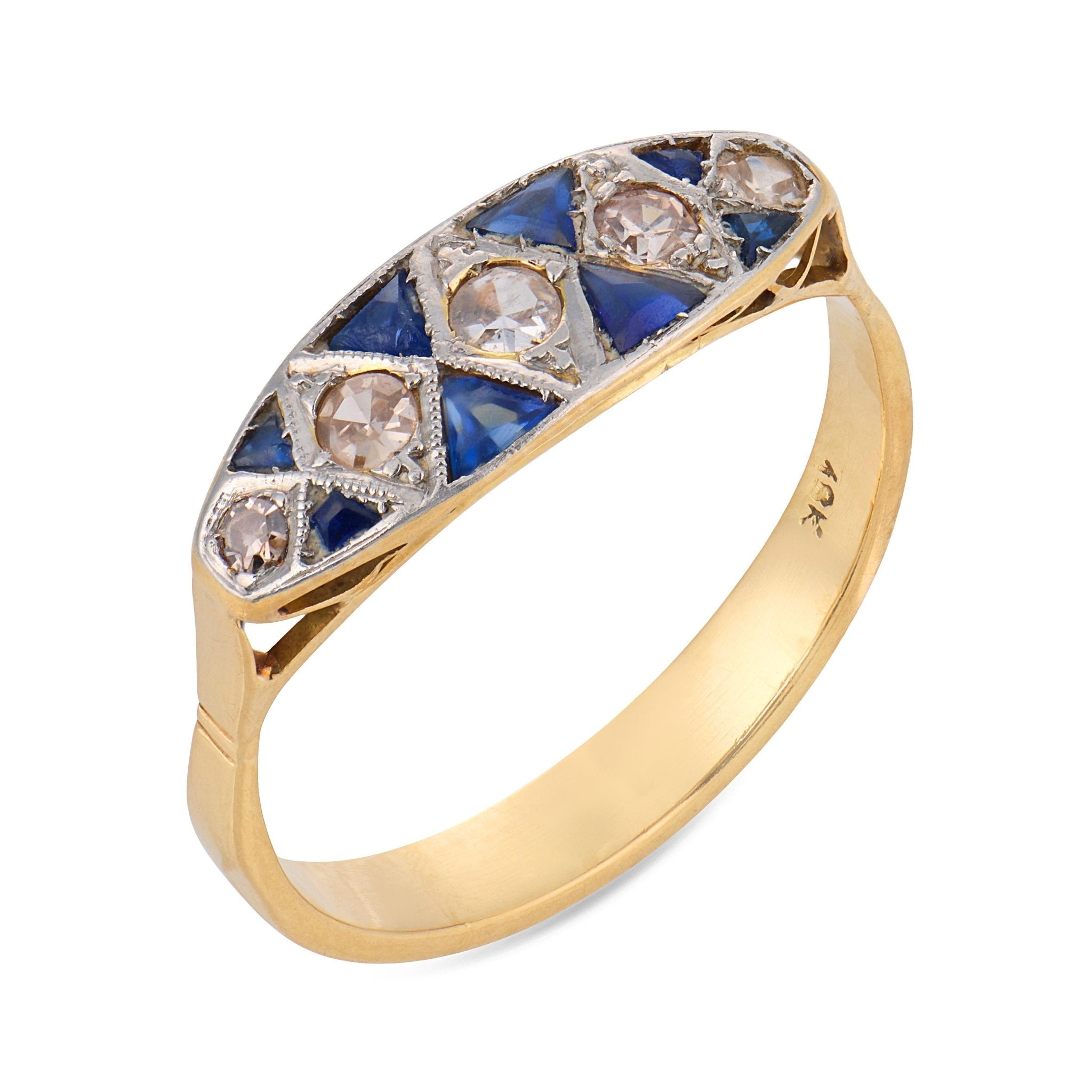 Art Deco style diamond sapphire 18k yellow gold ring