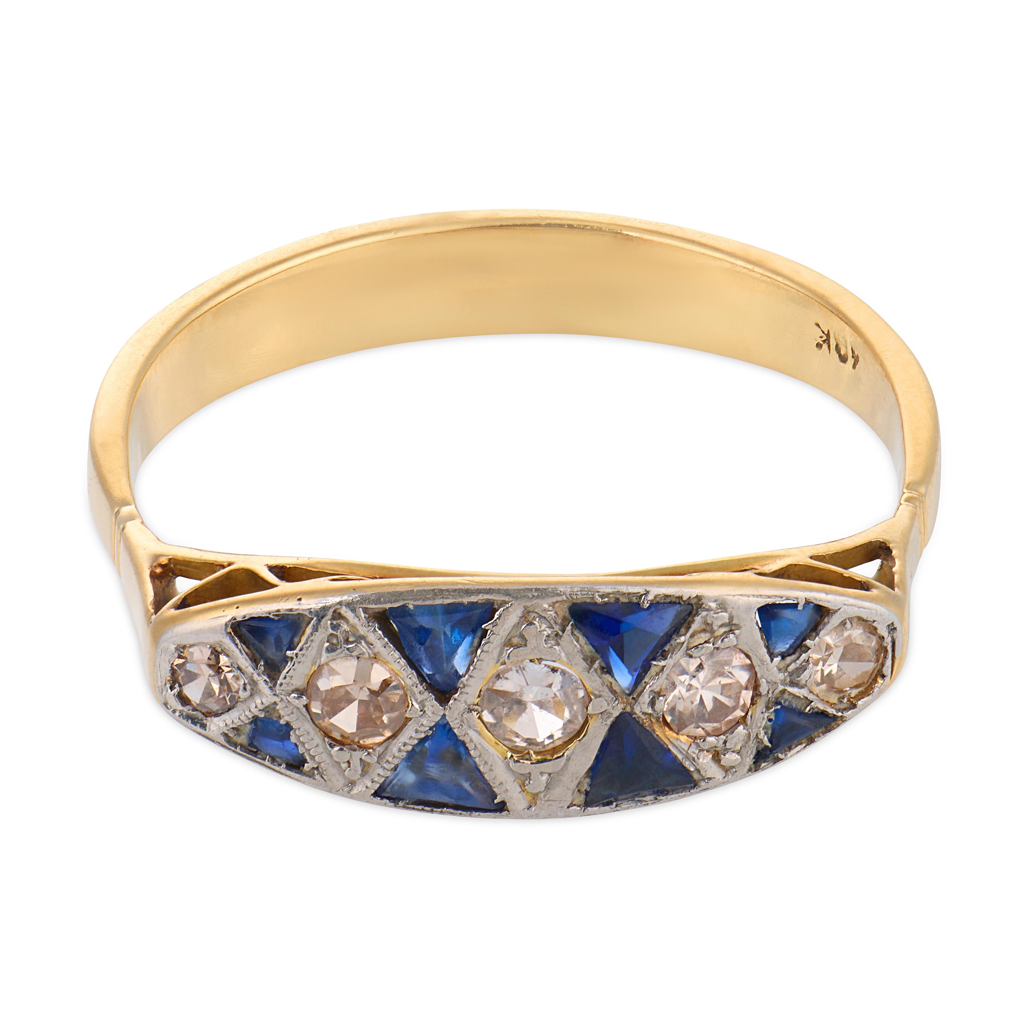 Art Deco style diamond sapphire 18k yellow gold ring