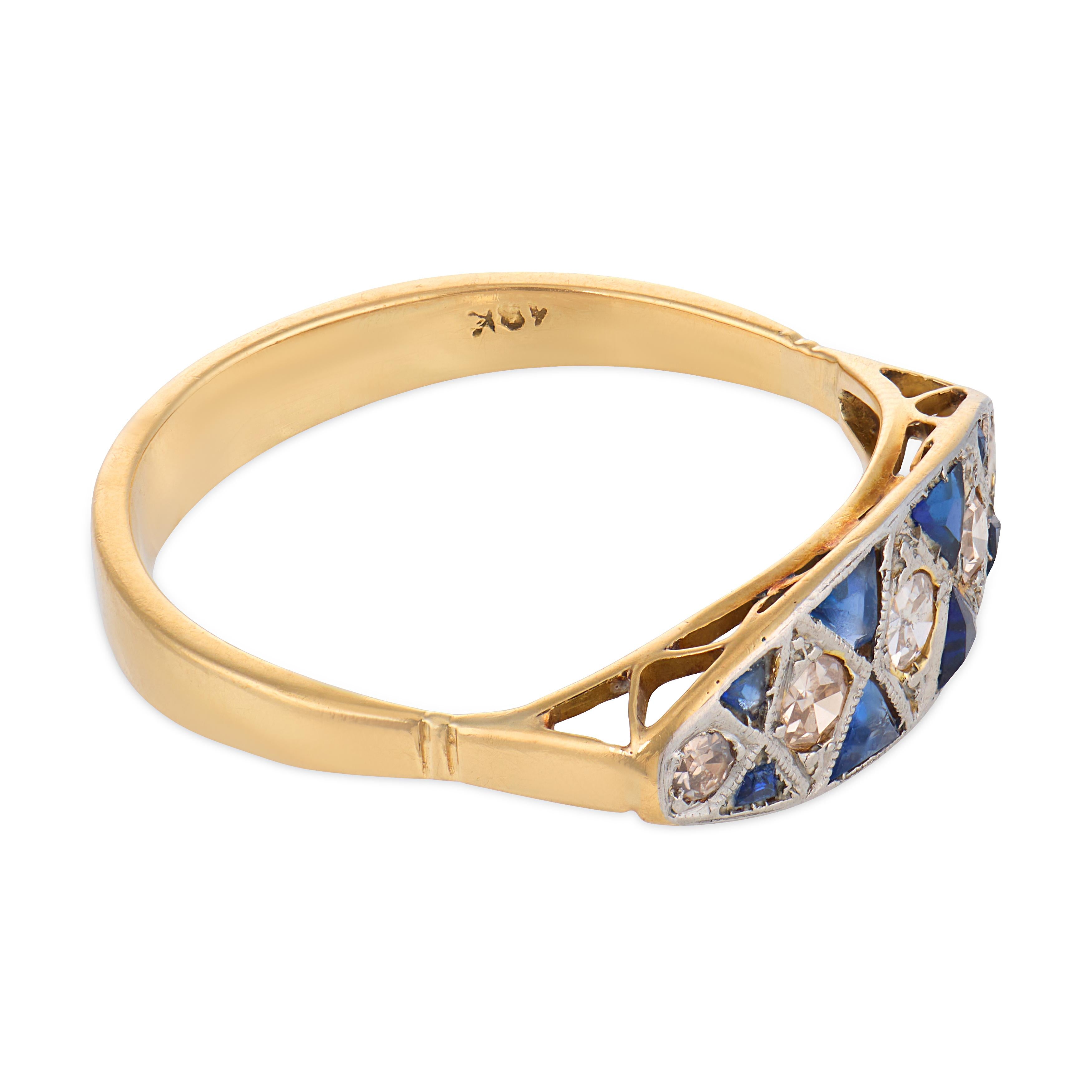 Art Deco style diamond sapphire 18k yellow gold ring
