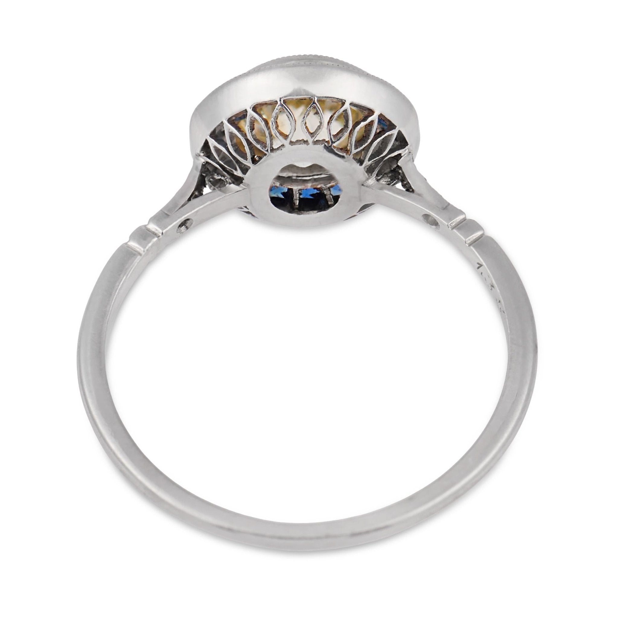 Art Deco style 1.35 carat old European cut diamond sapphire platinum target ring