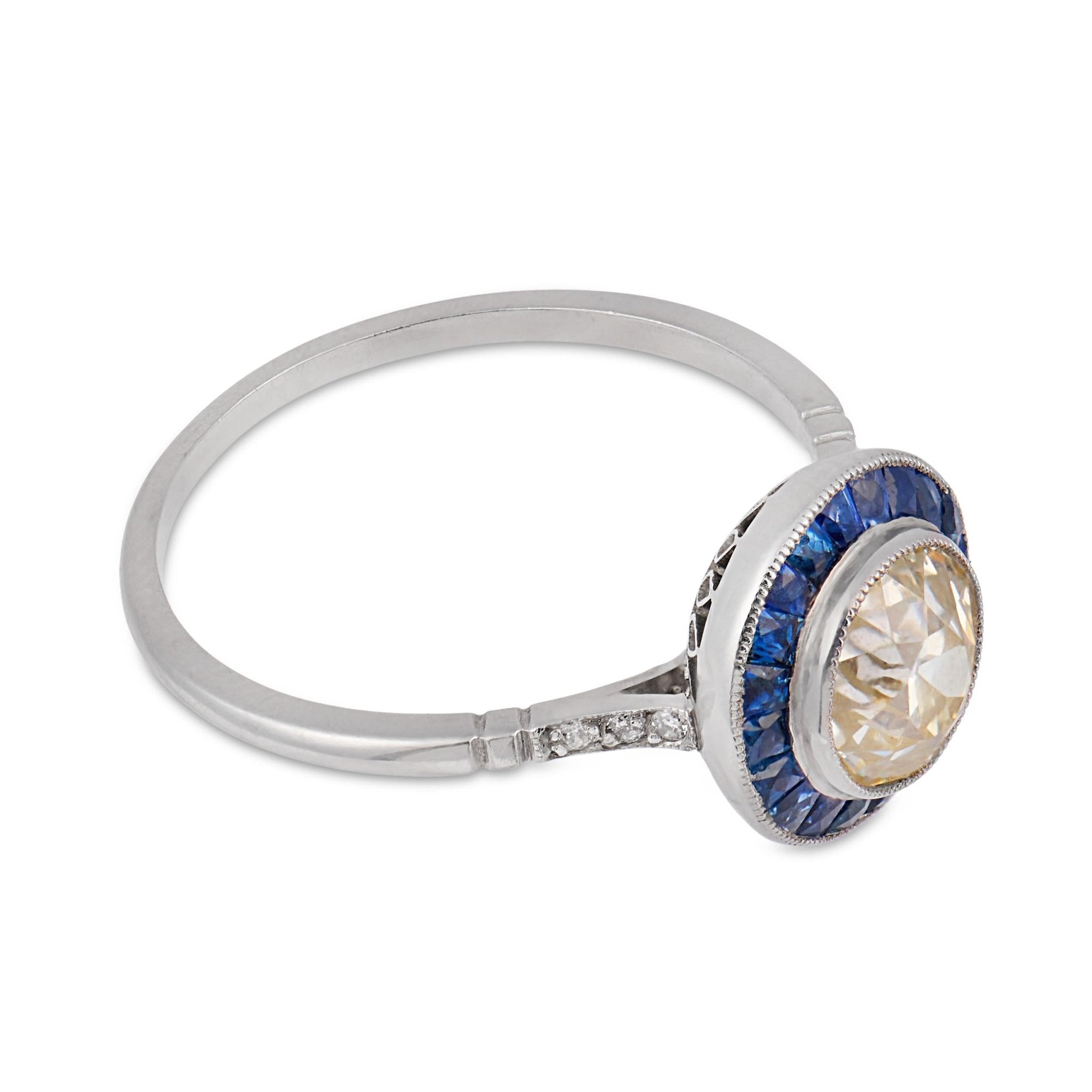 Art Deco style 1.35 carat old European cut diamond sapphire platinum target ring