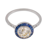 Art Deco style 1.35 carat old European cut diamond sapphire platinum target ring