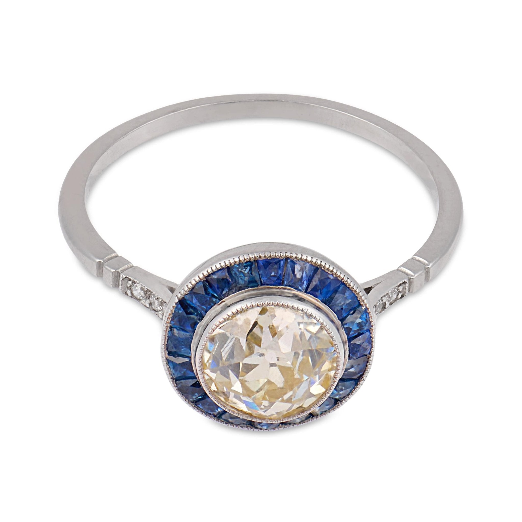 Art Deco style 1.35 carat old European cut diamond sapphire platinum target ring