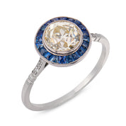 Art Deco style 1.35 carat old European cut diamond sapphire platinum target ring