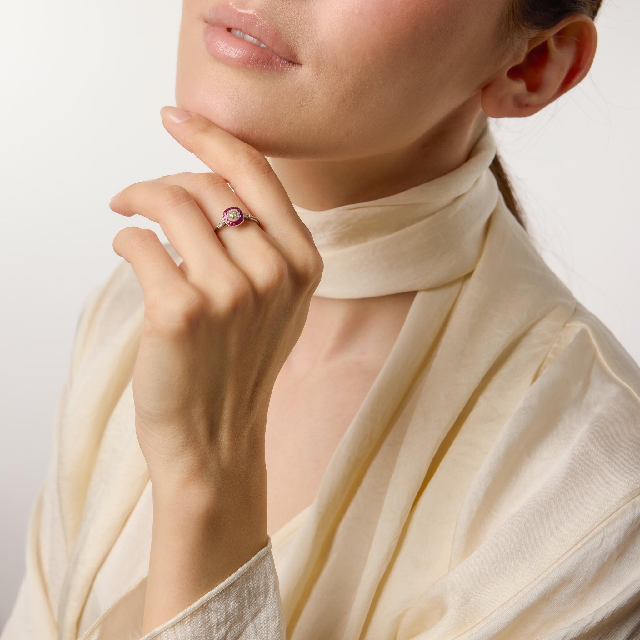 Art Deco inspired old mine cut diamond ruby target platinum ring