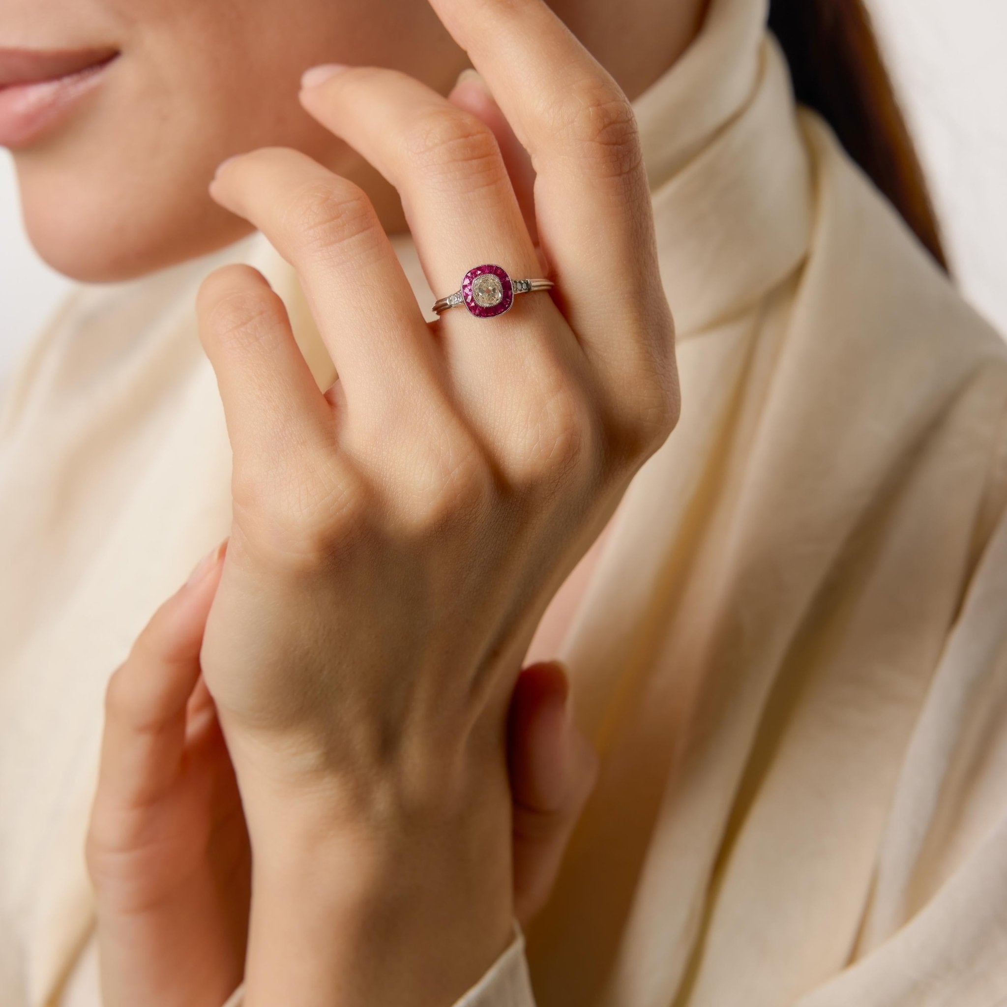 Art Deco inspired old mine cut diamond ruby target platinum ring