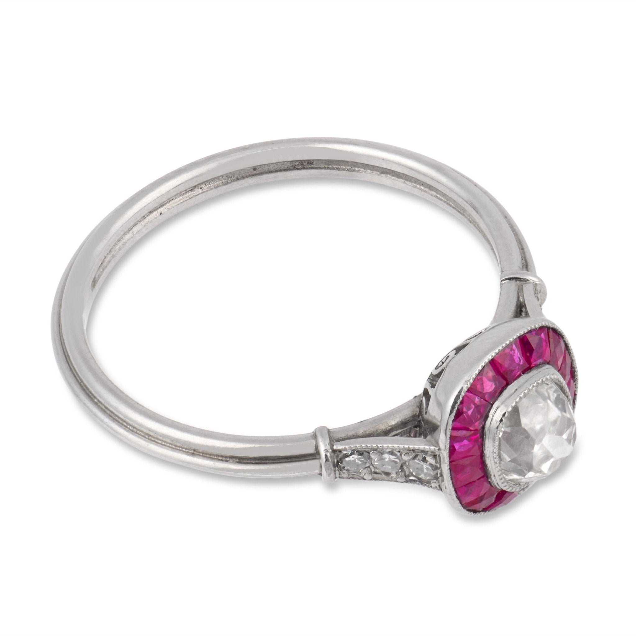 Art Deco inspired old mine cut diamond ruby target platinum ring